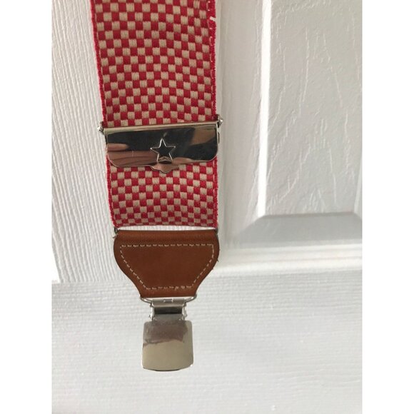 Vintage Big Sport Red & Tan Checkered Suspenders Leather Elastic Braces Silver - Picture 2 of 9
